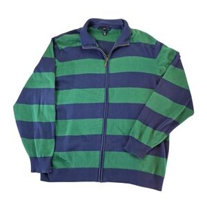 Club Room Sweater‎ Mens XXL Blue Green Striped Full Zip Cotton Collared Knit